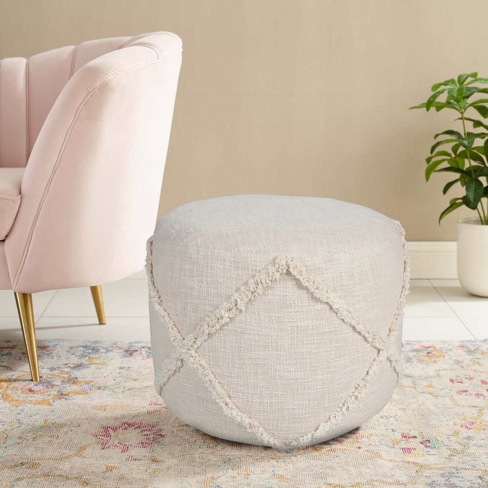 18" Cream Cotton Cylinder Geometric Pouf Ottoman HomeRoots