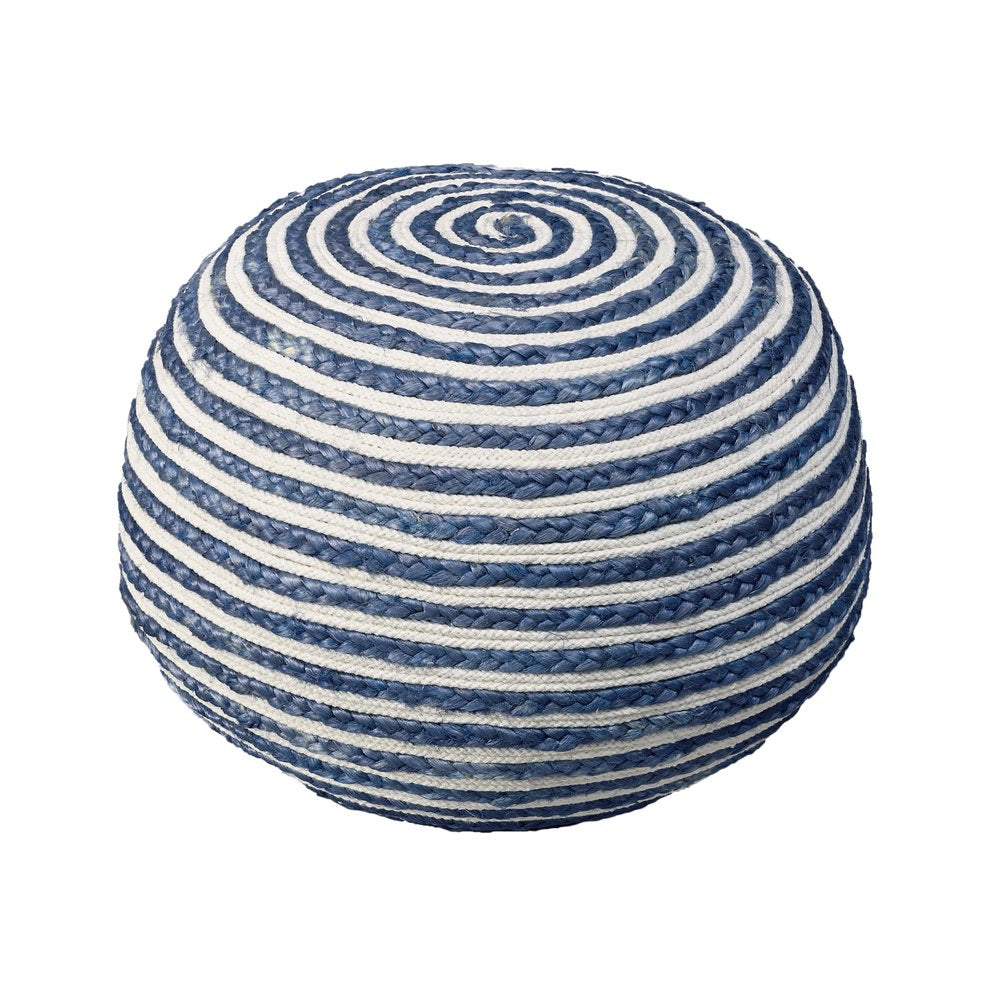 20" Blue Cotton Blend Round Striped Pouf Ottoman HomeRoots