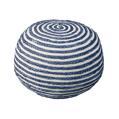 20" Blue Cotton Blend Round Striped Pouf Ottoman HomeRoots