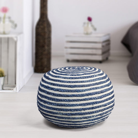 20" White Cotton Blend Round Striped Pouf Ottoman HomeRoots