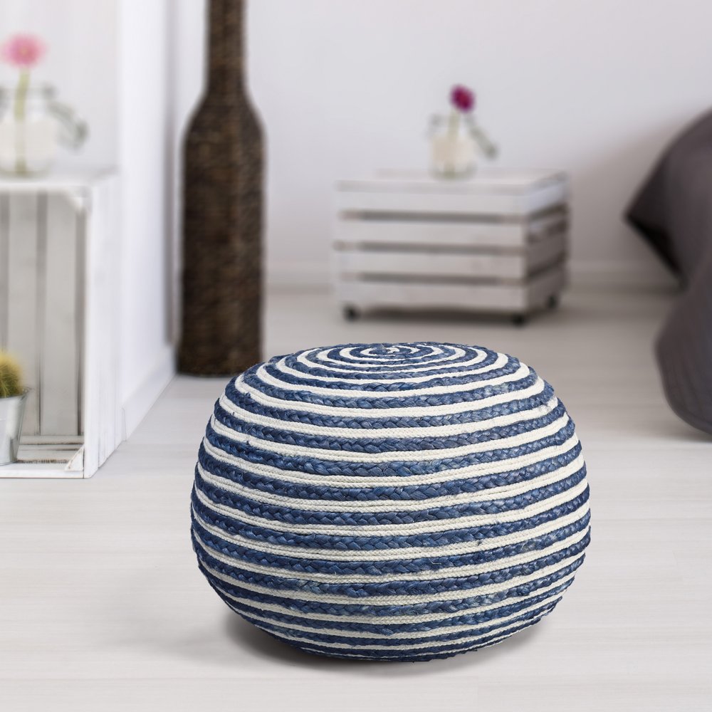 20" Blue Cotton Blend Round Striped Pouf Ottoman