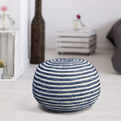 20" Blue Cotton Blend Round Striped Pouf Ottoman