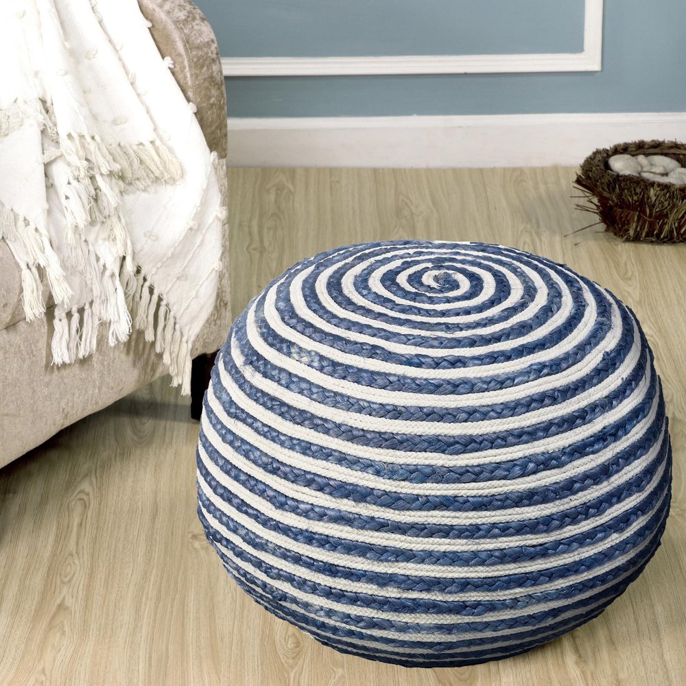 20" Blue Cotton Blend Round Striped Pouf Ottoman HomeRoots