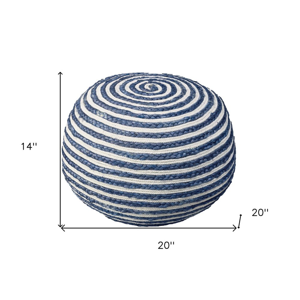 20" Blue Cotton Blend Round Striped Pouf Ottoman HomeRoots