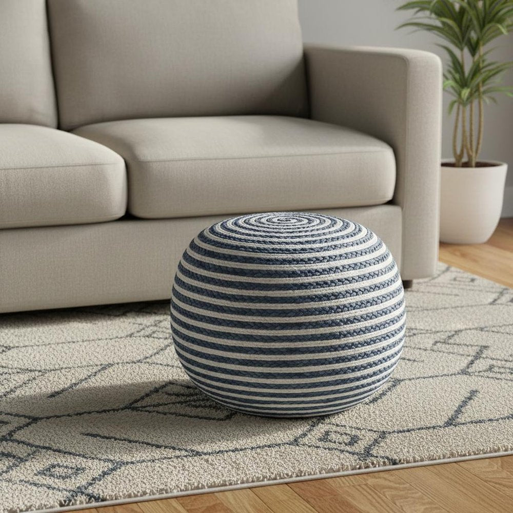 20" Blue Cotton Blend Round Striped Pouf Ottoman HomeRoots