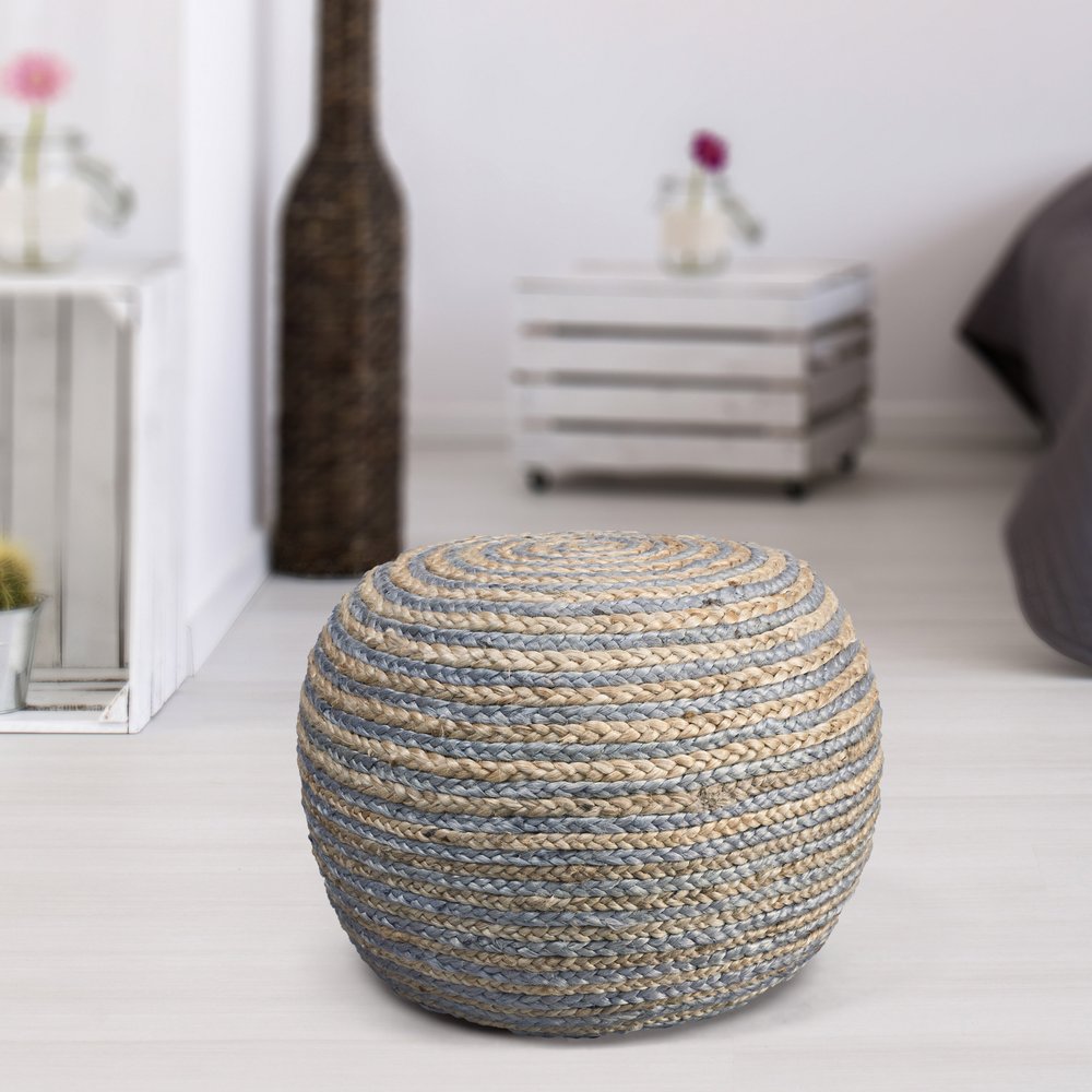 20" Blue Cotton Blend Round Striped Pouf Ottoman HomeRoots