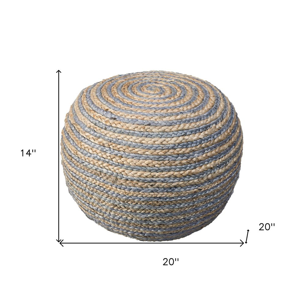 20" Blue Cotton Blend Round Striped Pouf Ottoman HomeRoots