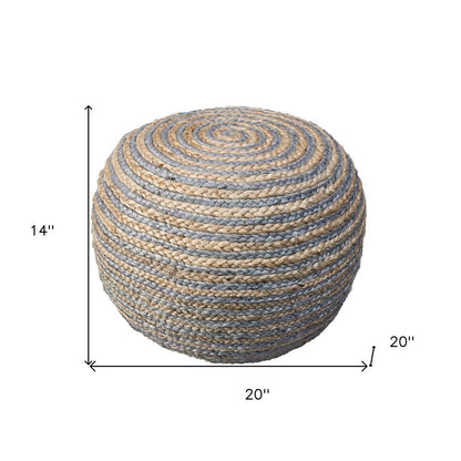 20" Blue Cotton Blend Round Striped Pouf Ottoman HomeRoots