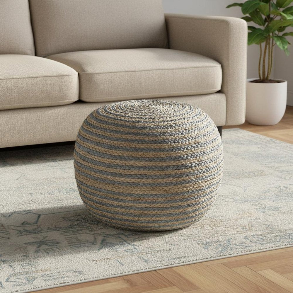 20" Blue Cotton Blend Round Striped Pouf Ottoman HomeRoots