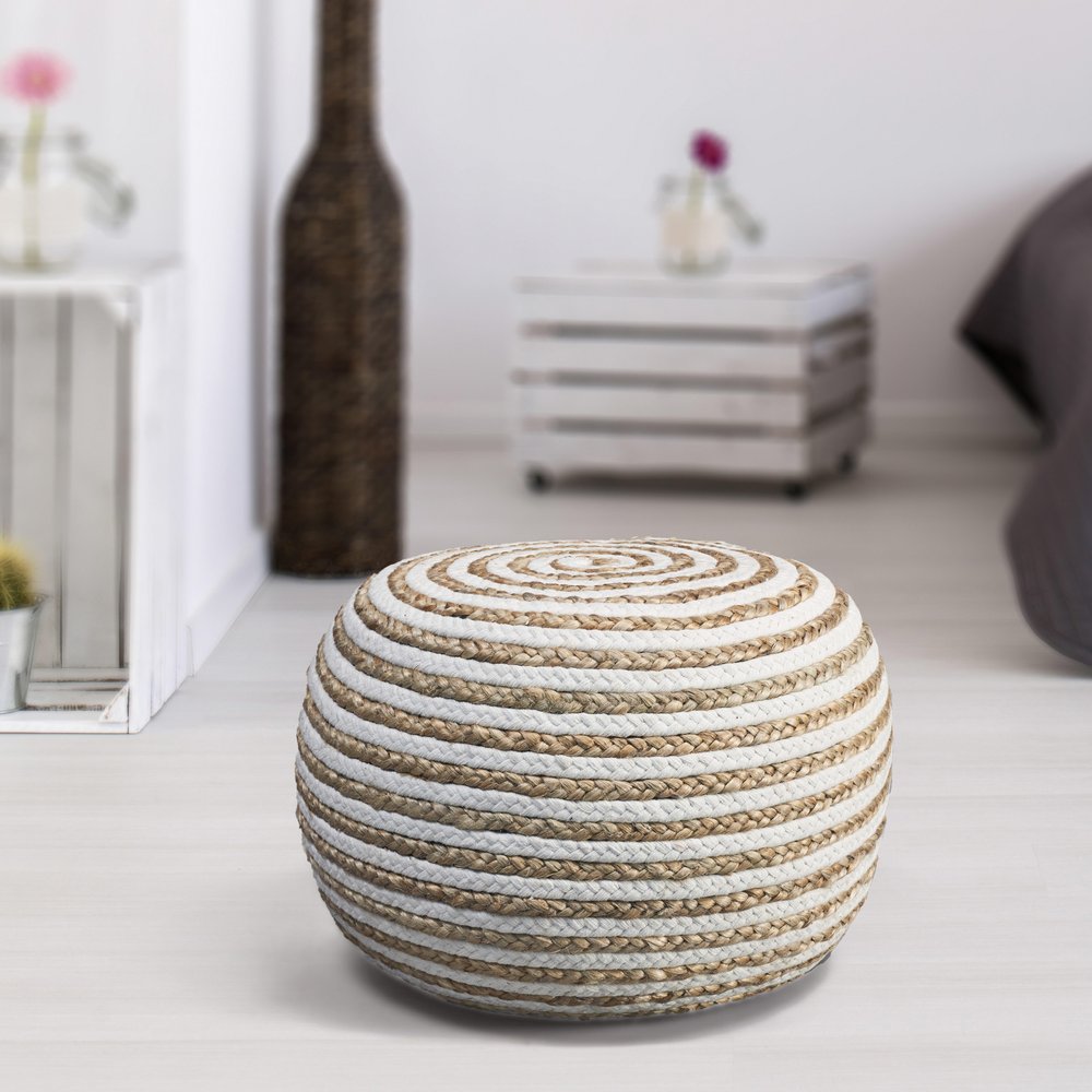 20" Blue Cotton Blend Round Striped Pouf Ottoman HomeRoots