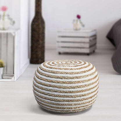 20" Blue Cotton Blend Round Striped Pouf Ottoman HomeRoots