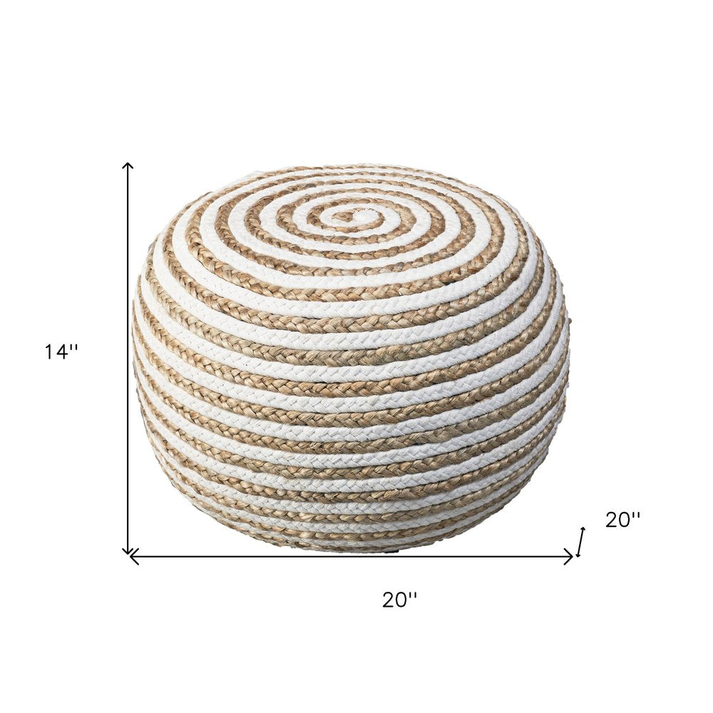 20" White Cotton Blend Round Striped Pouf Ottoman HomeRoots
