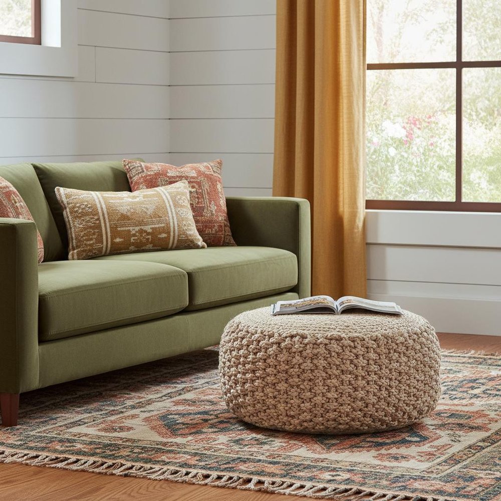 20" Tan Round Geometric Pouf Ottoman HomeRoots