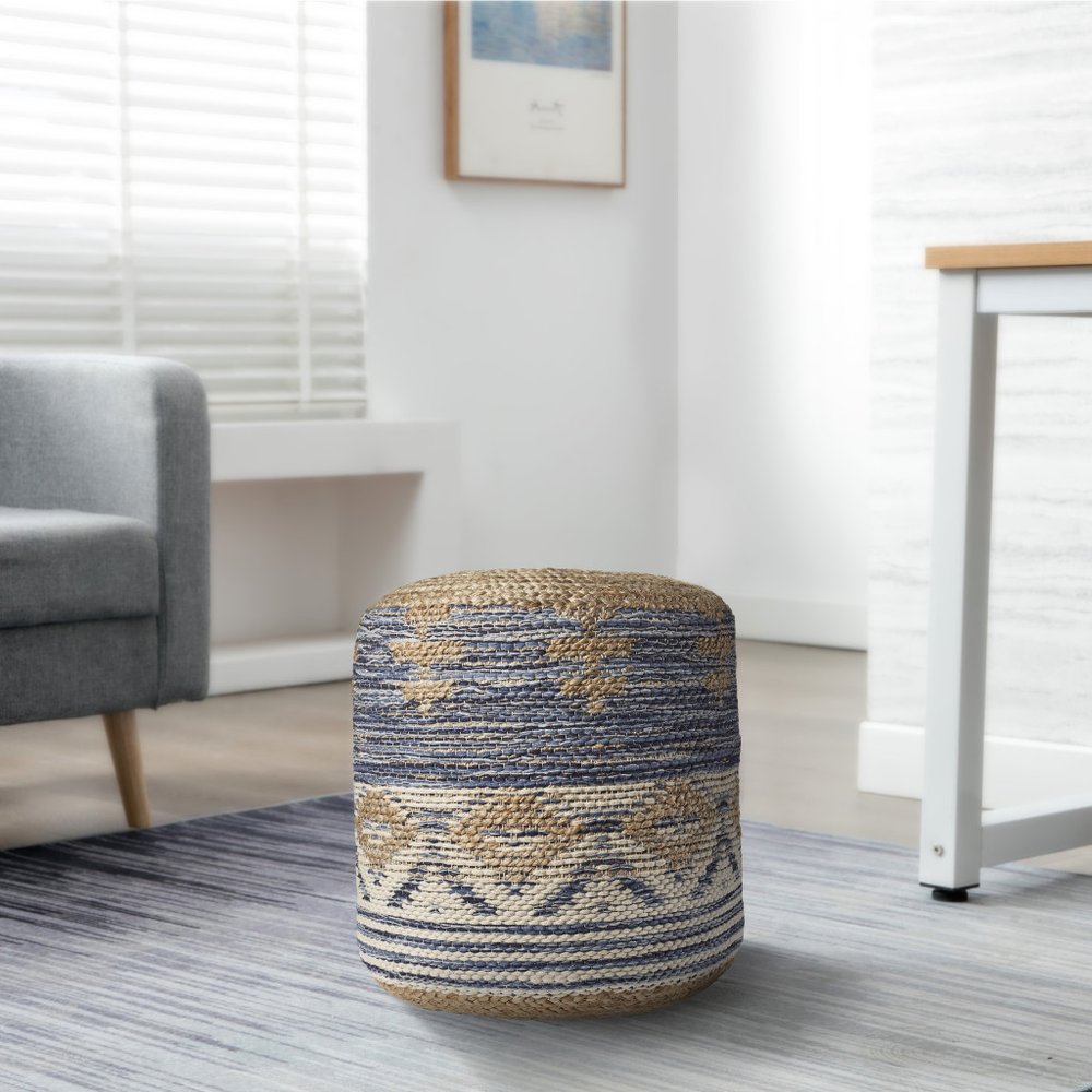 18" Blue Cylinder Geometric Pouf Ottoman HomeRoots