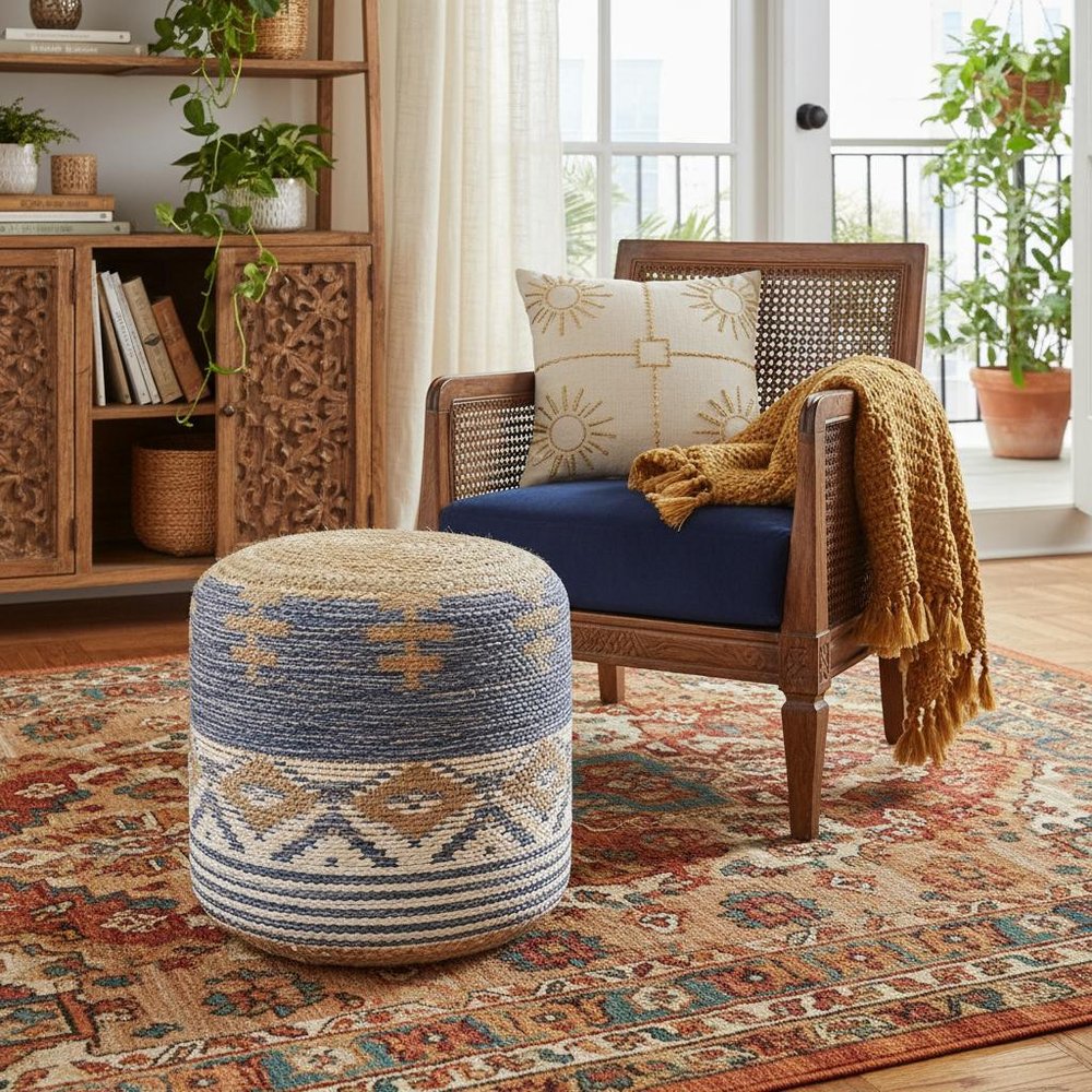 18" Blue Cylinder Geometric Pouf Ottoman HomeRoots