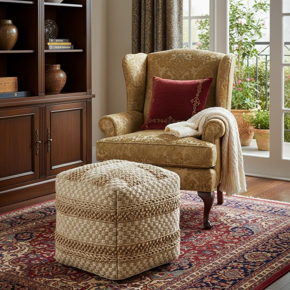 18" Tan Striped Pouf Ottoman HomeRoots