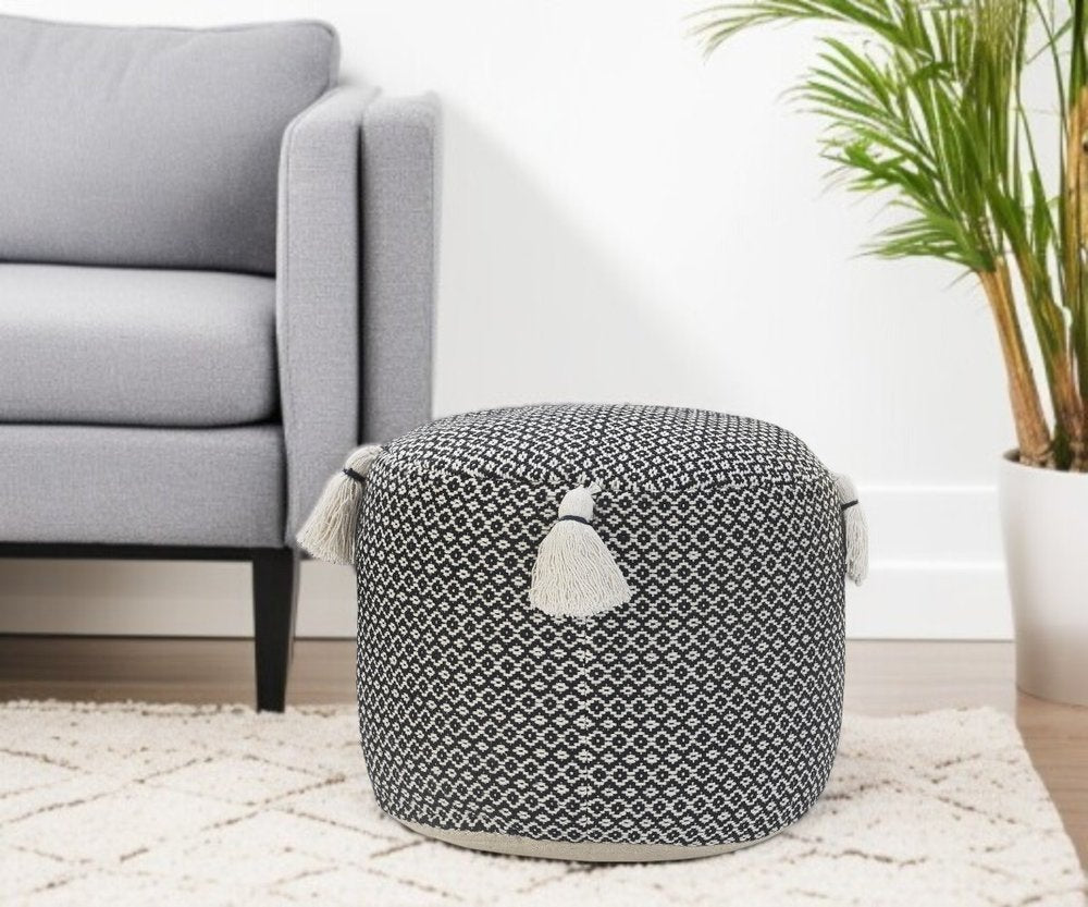 18" Black Cotton Cylinder Geometric Pouf Ottoman HomeRoots