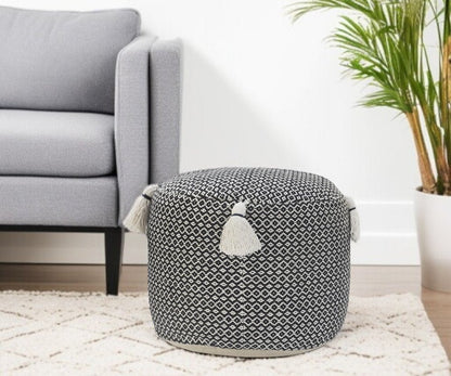 18" Black Cotton Cylinder Geometric Pouf Ottoman HomeRoots