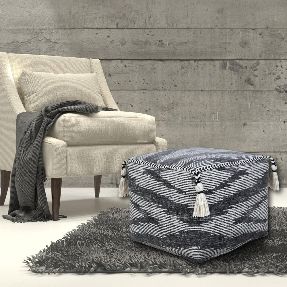 18" Gray Cotton Striped Pouf Ottoman HomeRoots