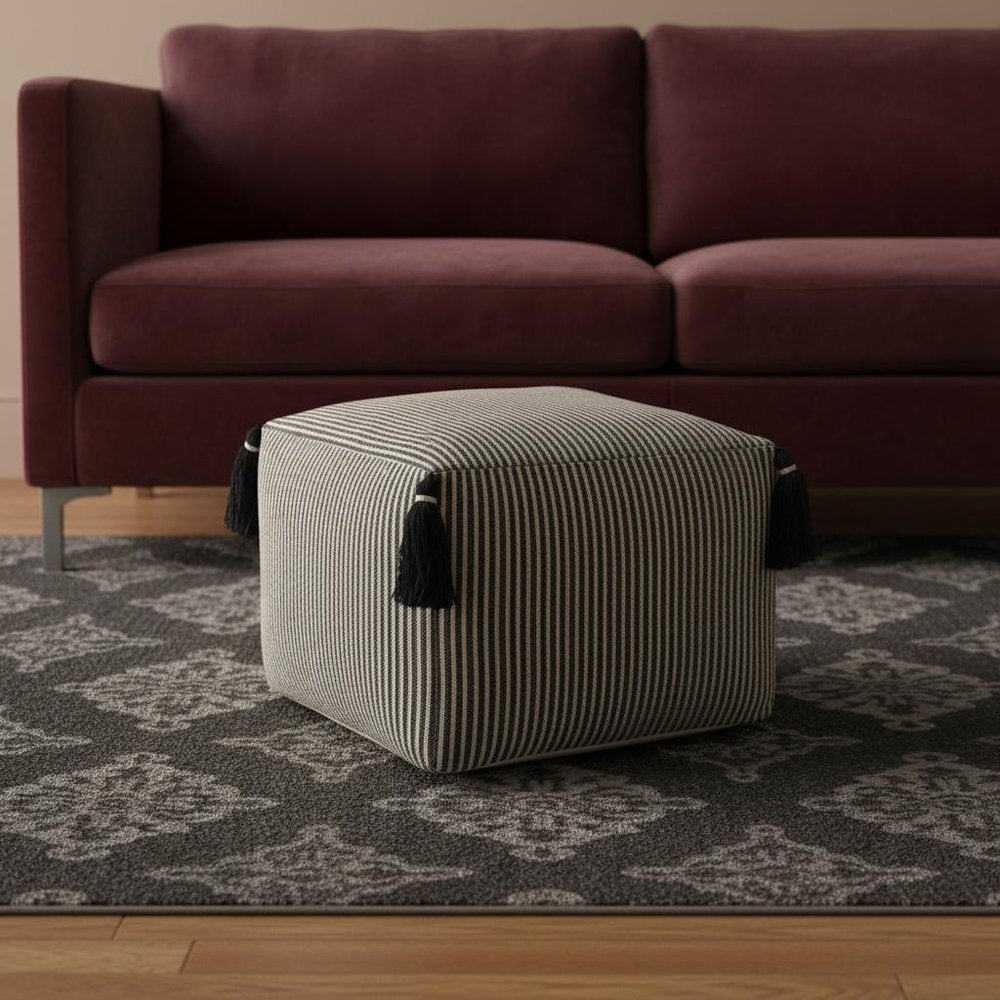 18" Gray Cotton Striped Pouf Ottoman HomeRoots