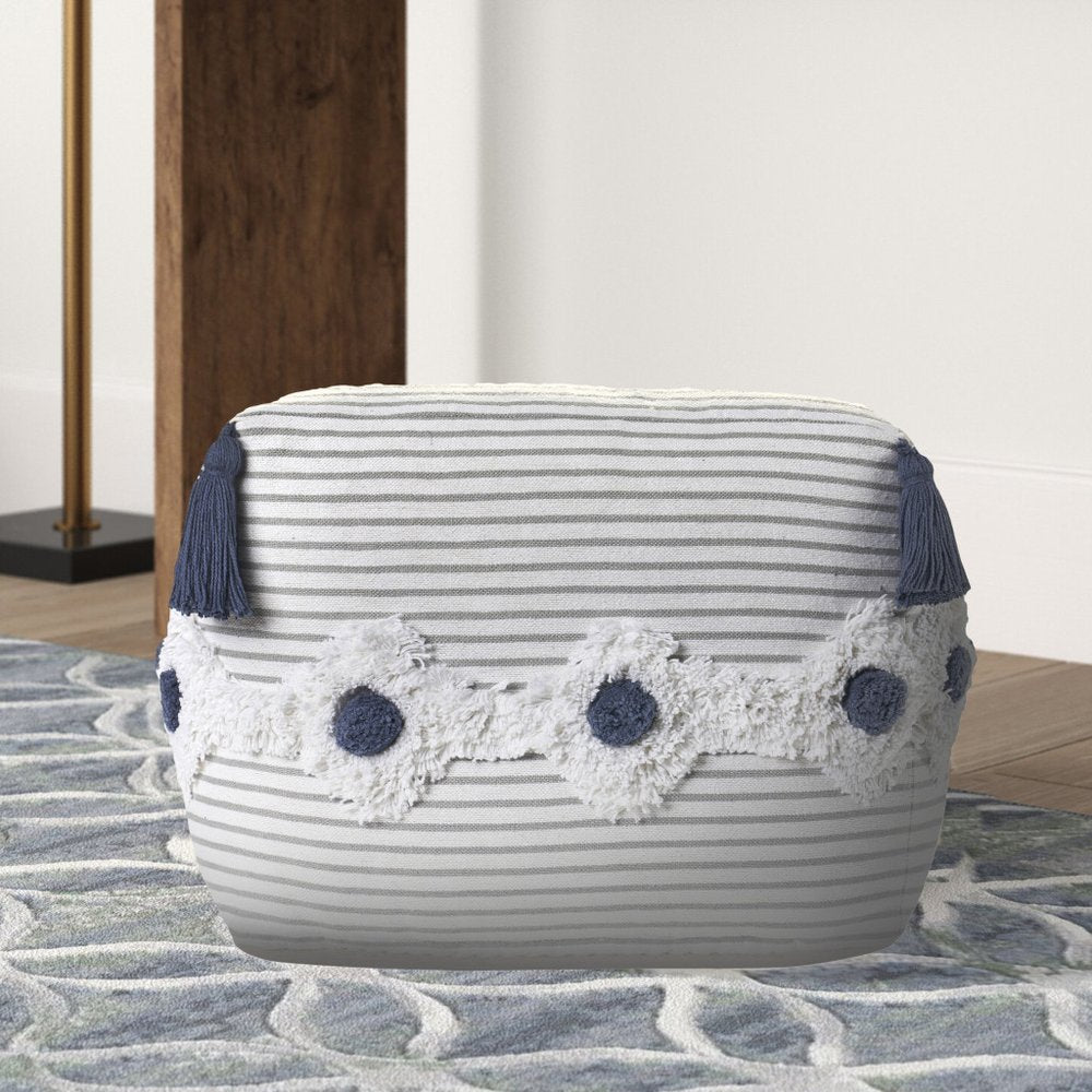 18" Gray Cotton Striped Pouf Ottoman HomeRoots
