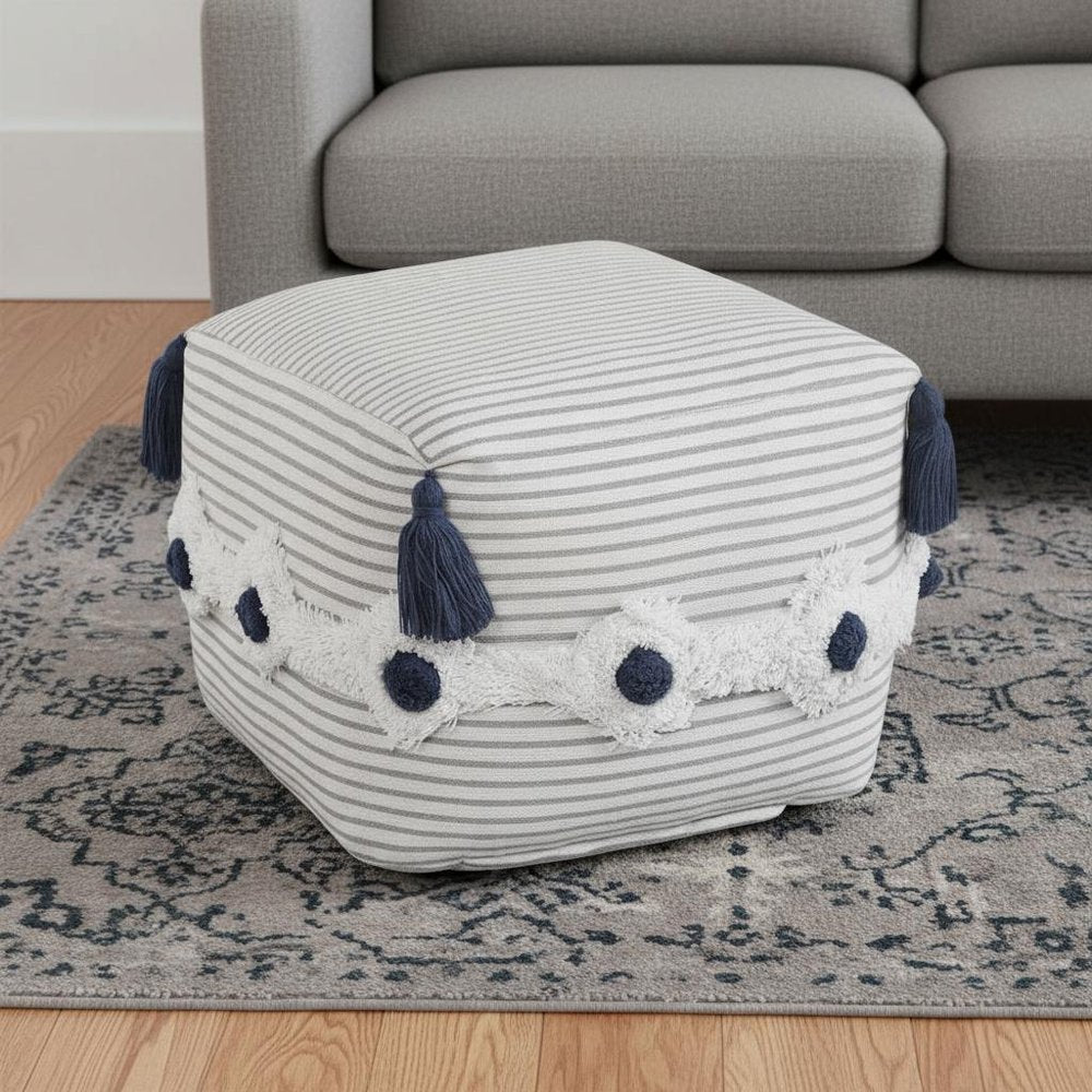 18" Gray Cotton Striped Pouf Ottoman HomeRoots