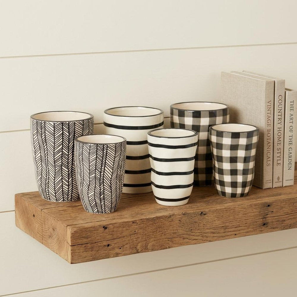Set of Six Black And Ivory Ceramic 2 Ounce Geometric Round Pot Planters HomeRoots