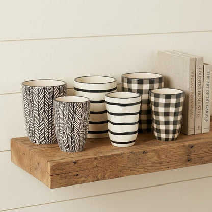 Set of Six Black And Ivory Ceramic 2 Ounce Geometric Round Pot Planters HomeRoots