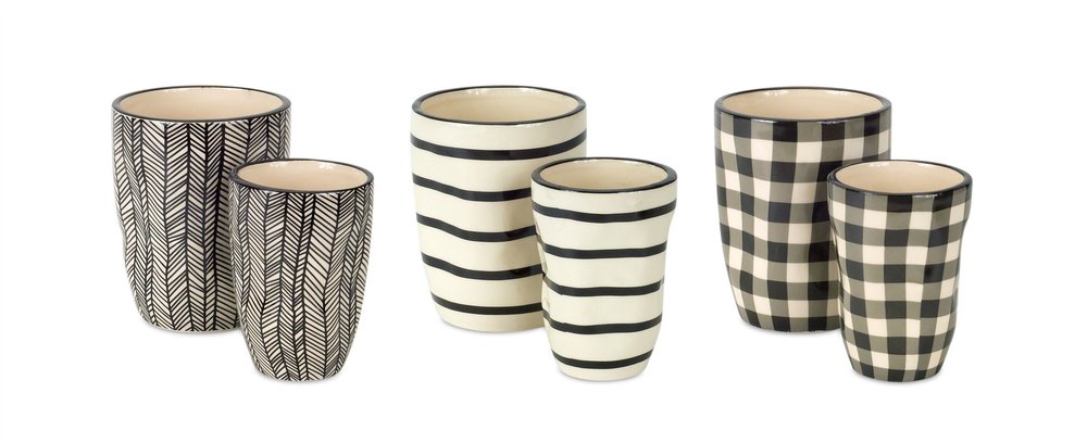 Set of Six Black And Ivory Ceramic 2 Ounce Geometric Round Pot Planters HomeRoots