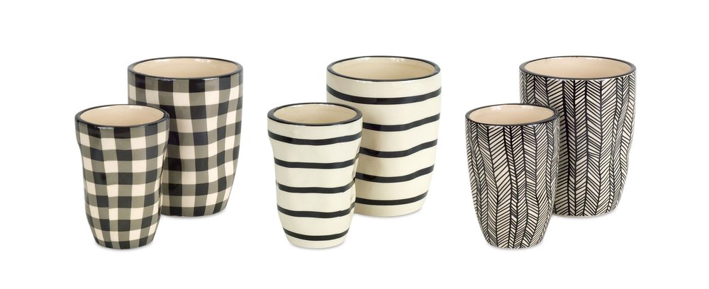 Set of Six Black And Ivory Ceramic 2 Ounce Geometric Round Pot Planters HomeRoots