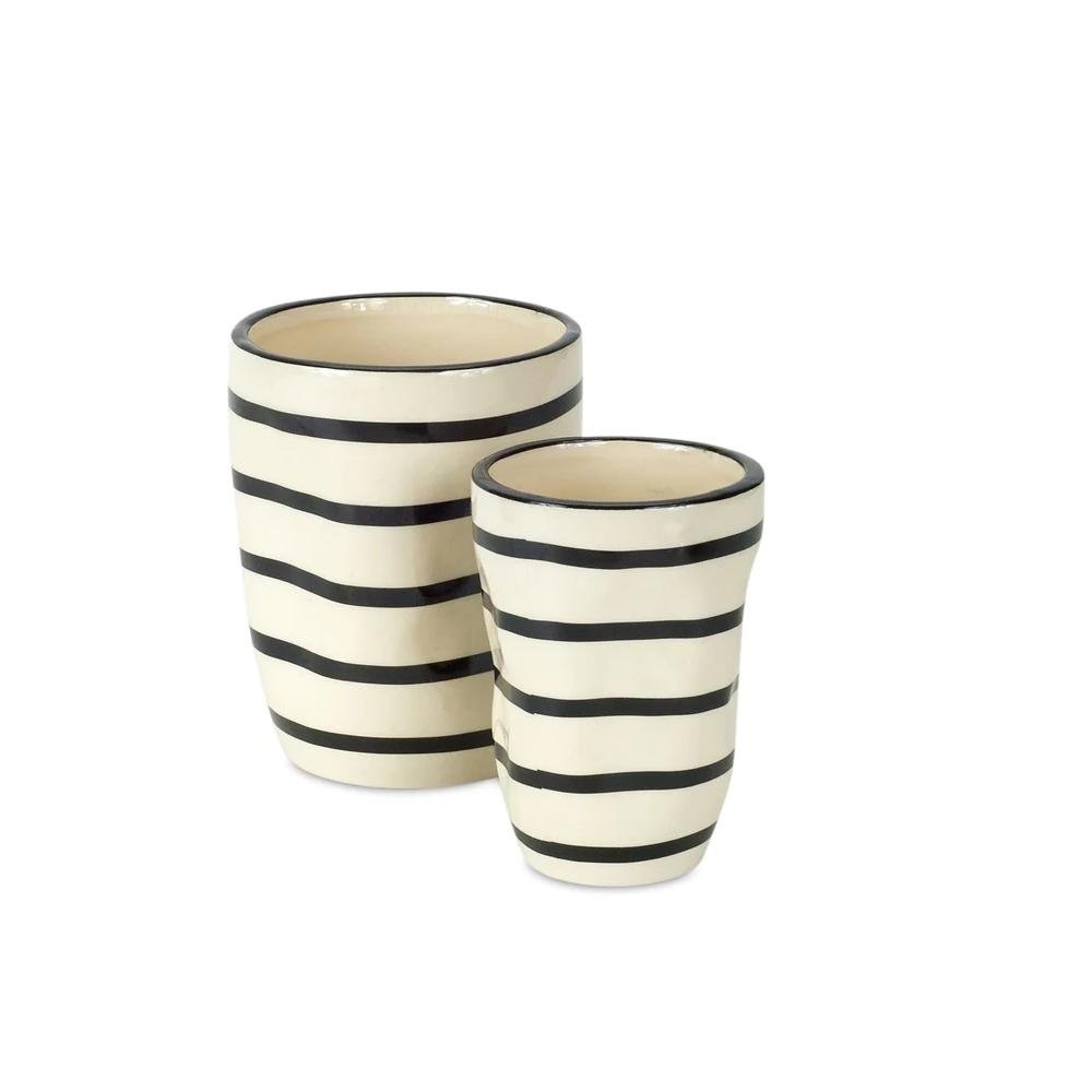 Set of Six Black And Ivory Ceramic 2 Ounce Geometric Round Pot Planters HomeRoots