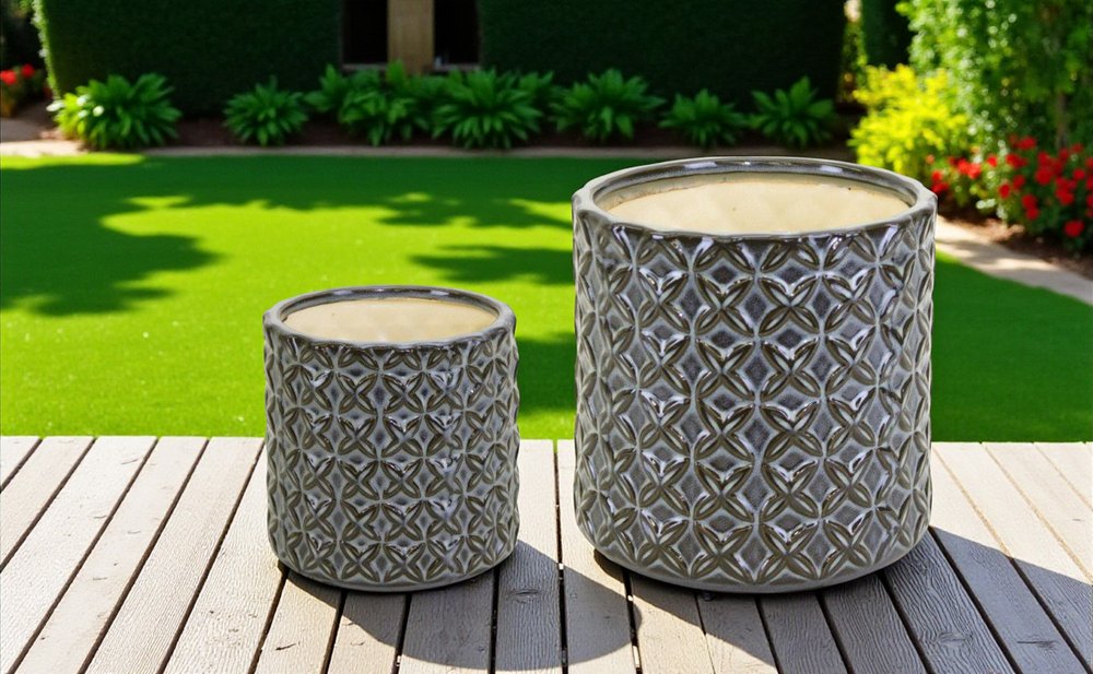 Set of Two Brown And Gray Clay 7 Ounce Geometric Round Pot Planters HomeRoots