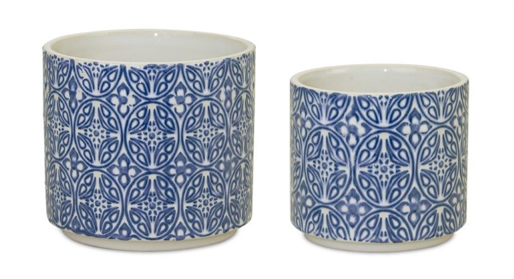 Set of Two Blue And White Ceramic Medallion 3 Ounce Round Pot Planters HomeRoots