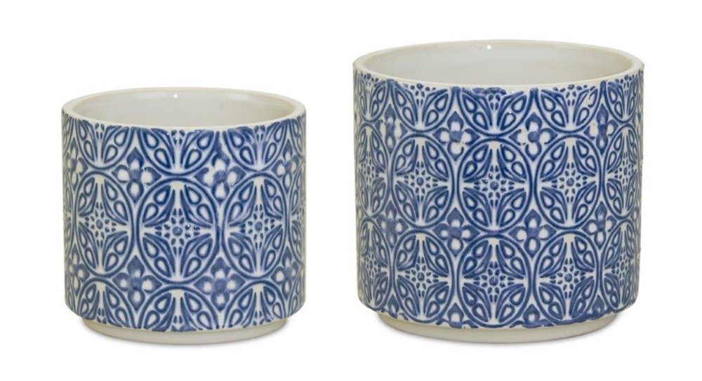 Set of Two Blue And White Ceramic Medallion 3 Ounce Round Pot Planters HomeRoots