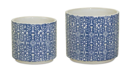 Set of Two Blue And White Ceramic Medallion 3 Ounce Round Pot Planters HomeRoots