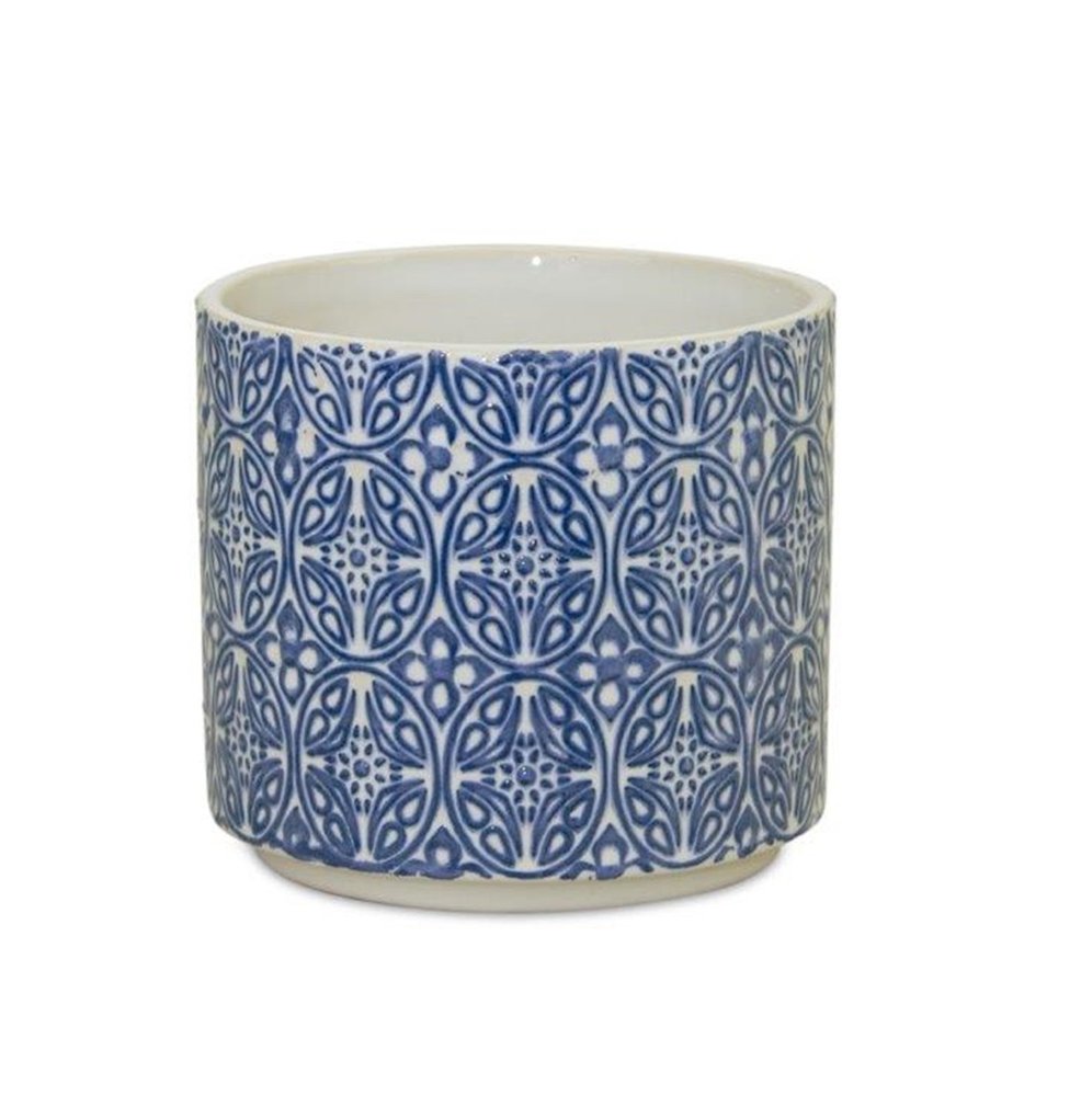 Set of Two Blue And White Ceramic Medallion 3 Ounce Round Pot Planters HomeRoots