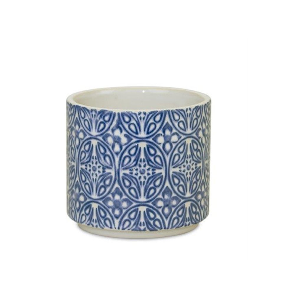 Set of Two Blue And White Ceramic Medallion 3 Ounce Round Pot Planters HomeRoots
