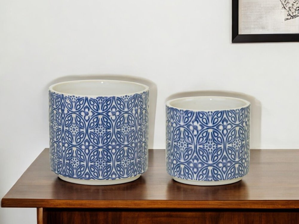 Set of Two Blue And White Ceramic Medallion 3 Ounce Round Pot Planters HomeRoots