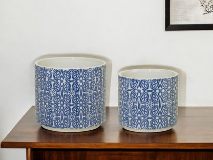 Set of Two Blue And White Ceramic Medallion 3 Ounce Round Pot Planters HomeRoots