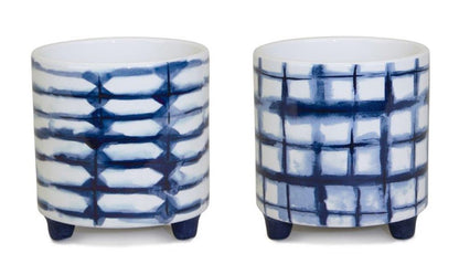 Set of Two Cobalt And White Ceramic 2 Ounce Round Footed Pot Planters HomeRoots