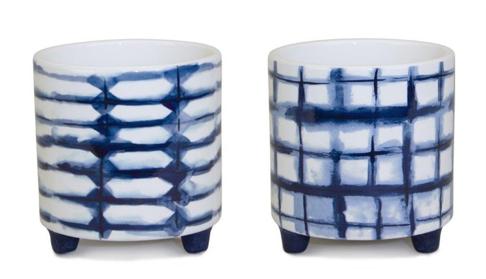 Set of Two Cobalt And White Ceramic 2 Ounce Round Footed Pot Planters HomeRoots