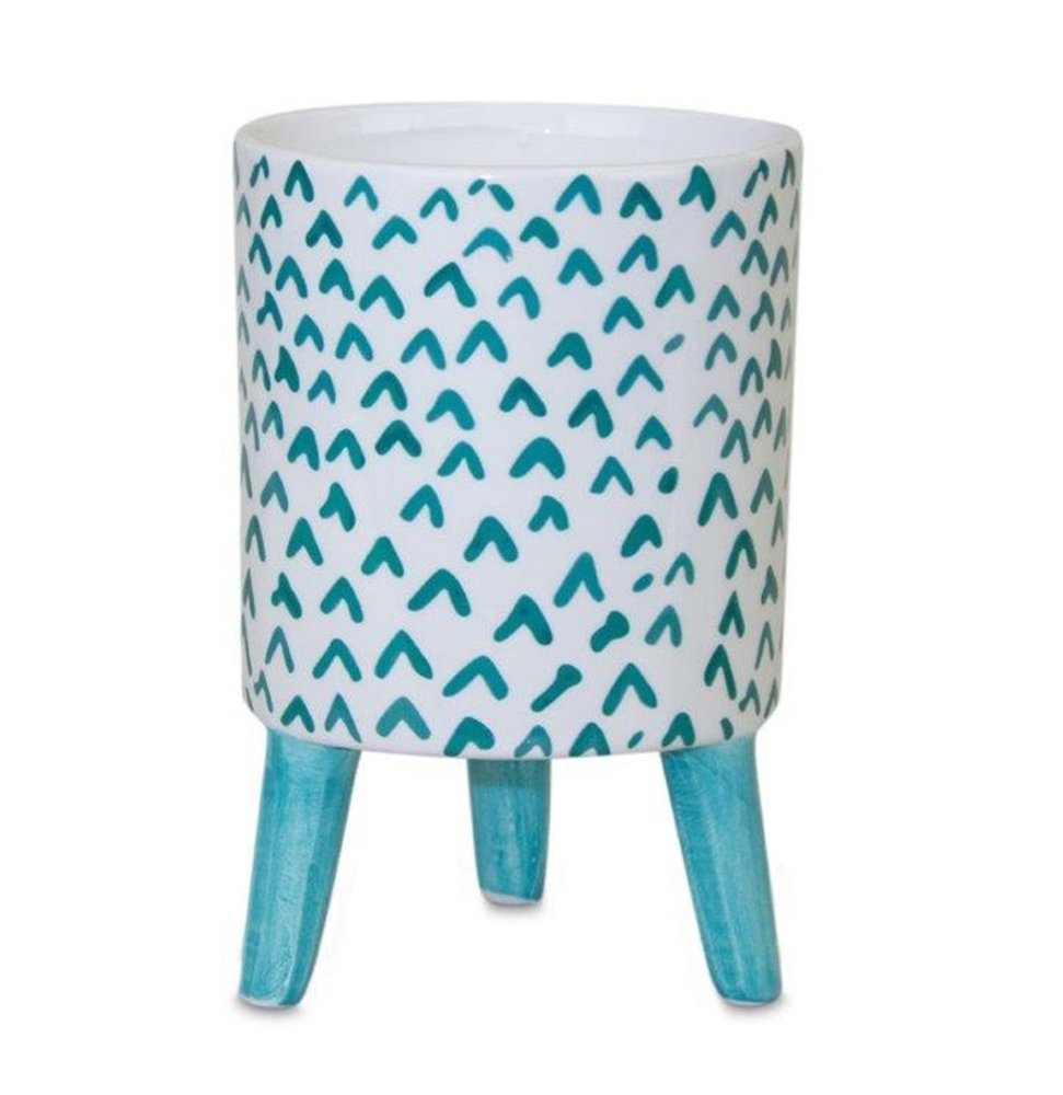 Set of Two Aqua Teal And White Ceramic 2 Ounce Chevron Round Distressed Pot Planters HomeRoots