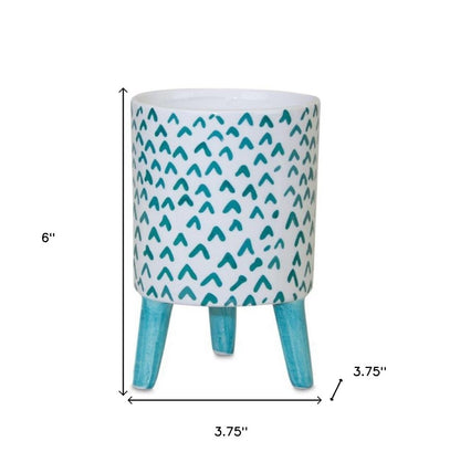 Set of Two Aqua Teal And White Ceramic 2 Ounce Chevron Round Distressed Pot Planters HomeRoots