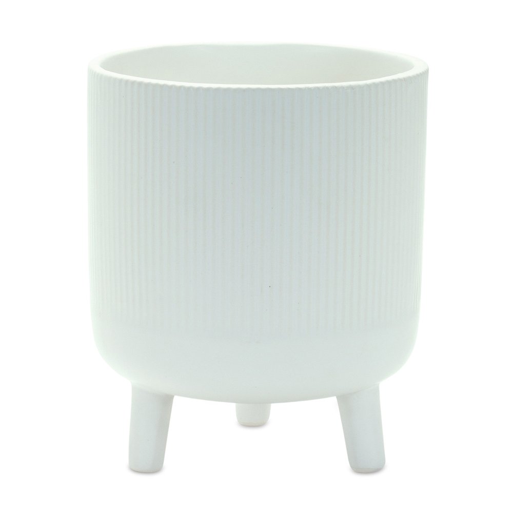 Set of Two White Ceramic Striped Footed Pot Planters HomeRoots
