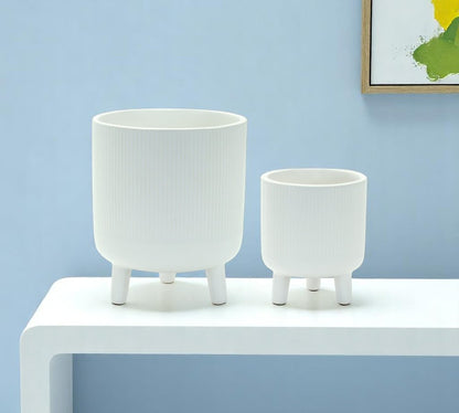 Set of Two White Ceramic Striped Footed Pot Planters HomeRoots