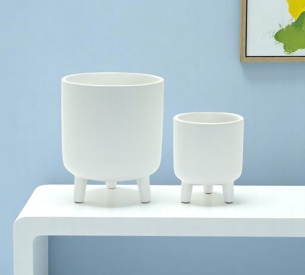 Set of Two White Ceramic Striped Footed Pot Planters HomeRoots
