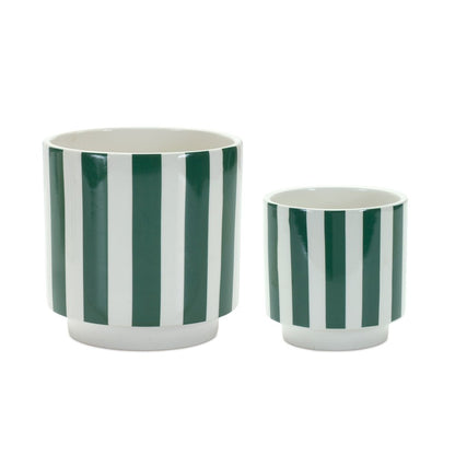 Set of Two Green And White Dolomite Striped 4 Ounce Round Pot Planters HomeRoots