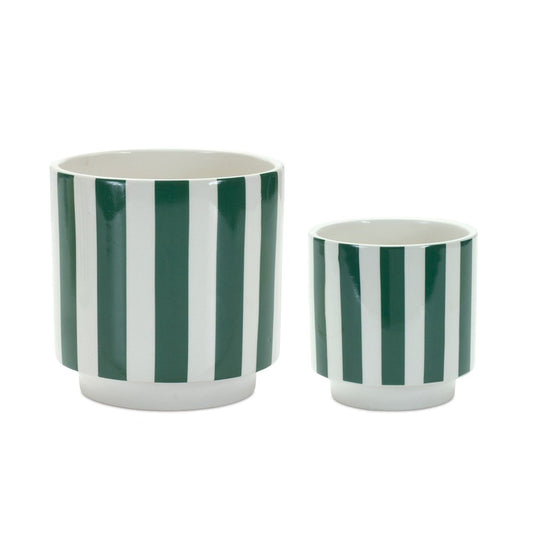 Set of Two Green And White Dolomite Striped 4 Ounce Round Pot Planters HomeRoots