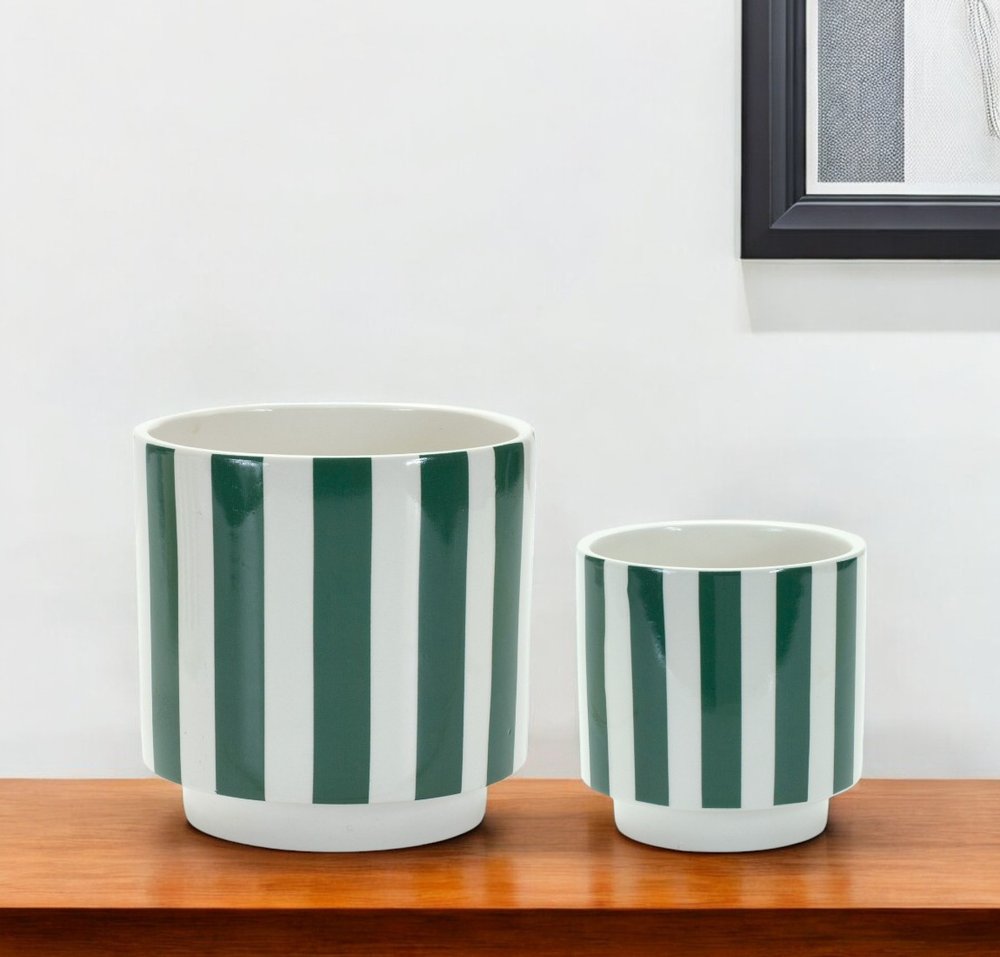 Set of Two Green And White Dolomite Striped 4 Ounce Round Pot Planters HomeRoots