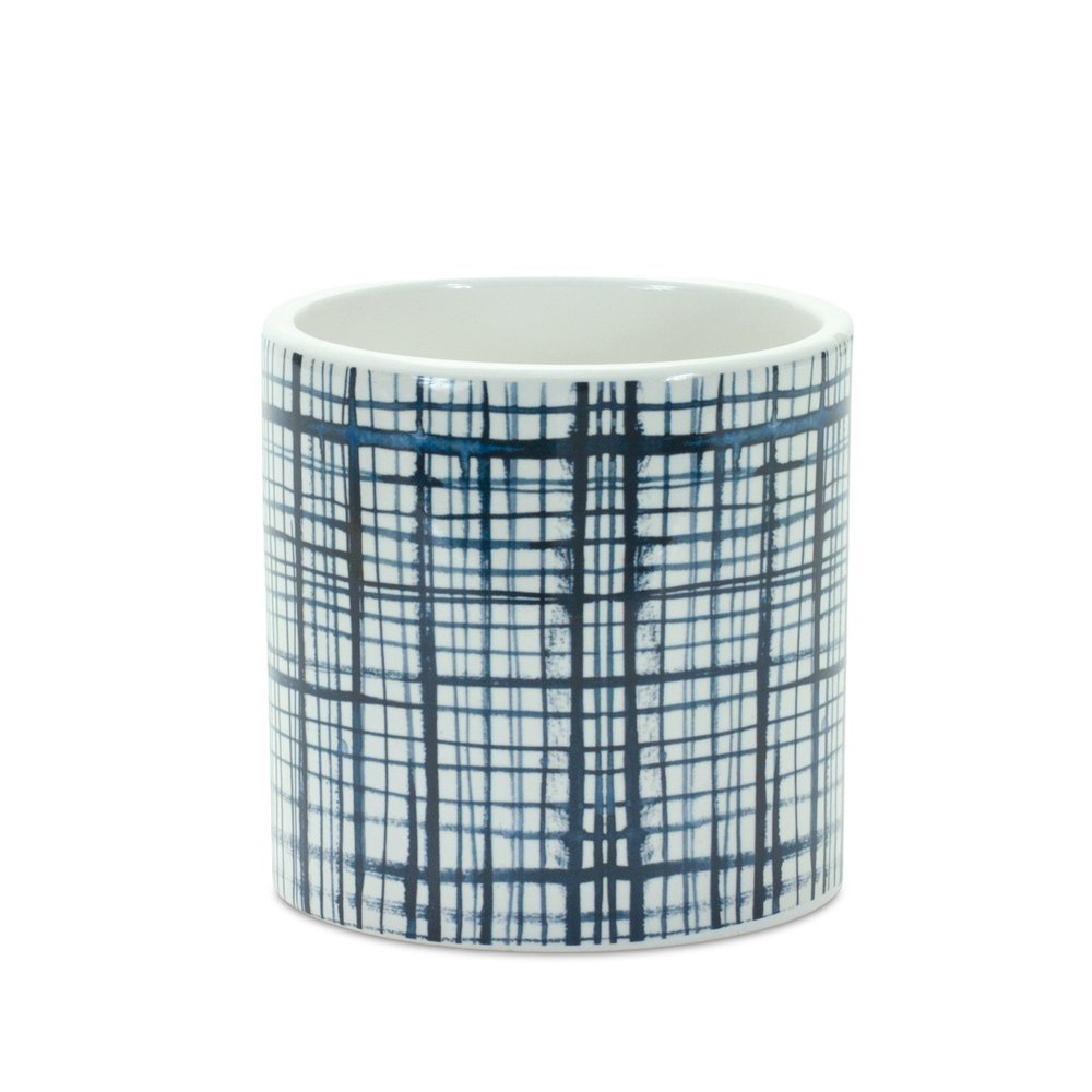 Set of Two White And Blue Ceramic Lattice 2 Ounce Round Pot Planters HomeRoots